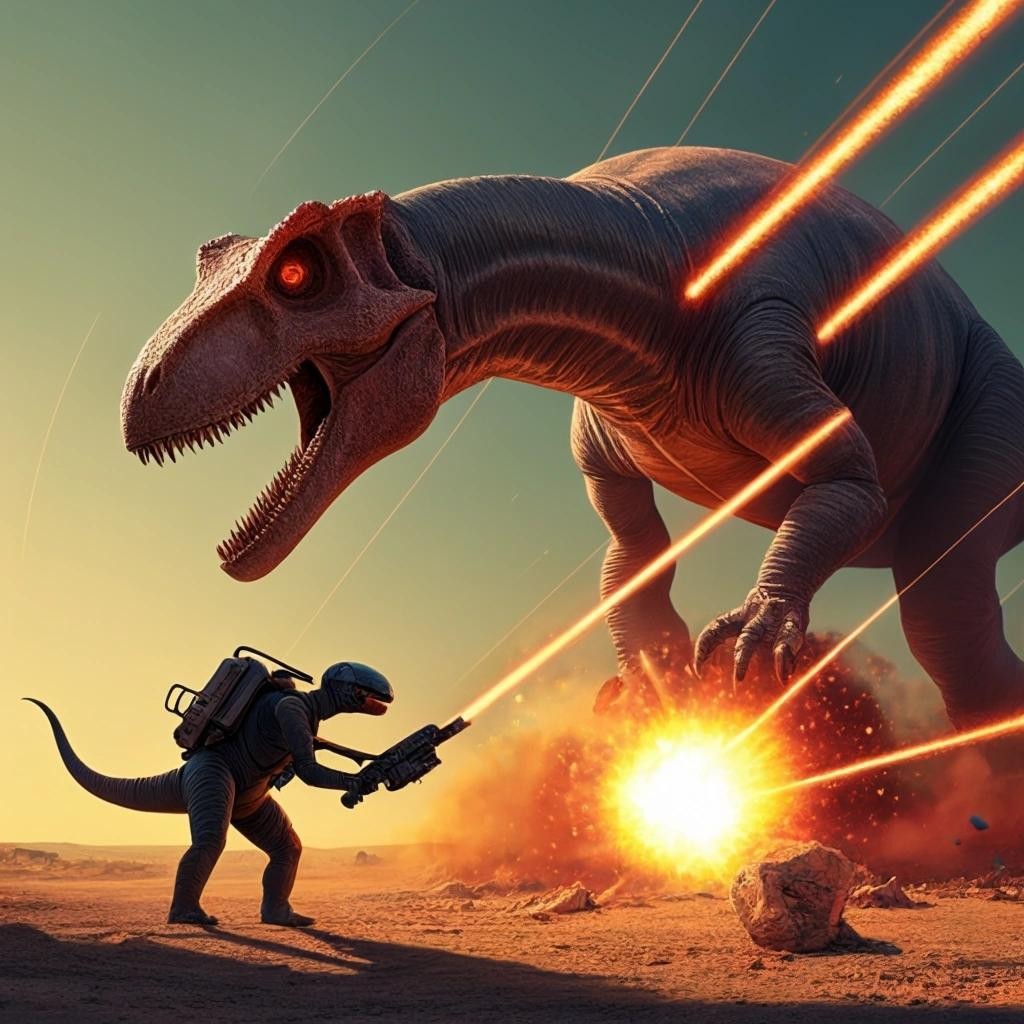 Image with seed 600148899 generated via Stable Diffusion through @stablehorde@sigmoid.social. Prompt: an image of diplotocus encountering a homonculous feeding off of a gun itself retracted by a demon core feeding itself on zygg's particle going supercritical while a supernova does a backflip and kills god 2 meters away from diplotocus who is himself doing your mom