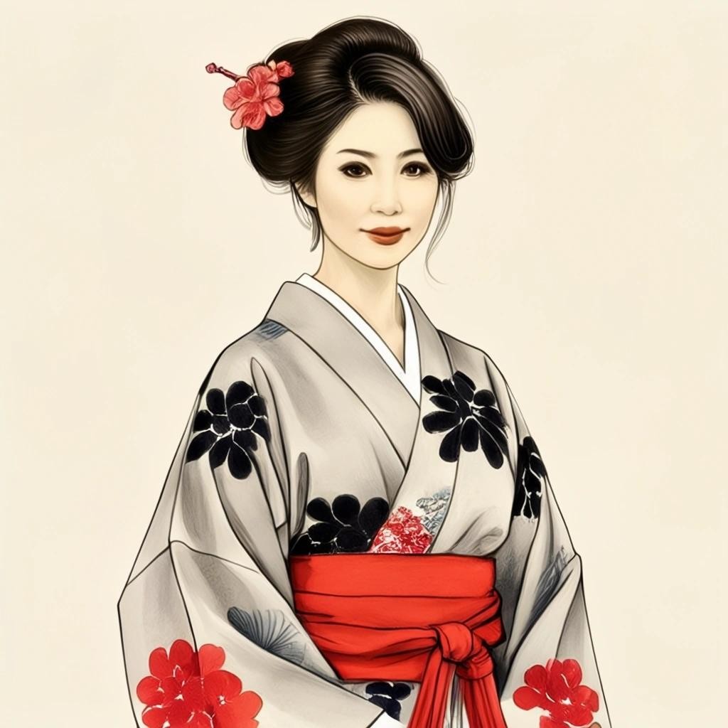 Image with seed 2438037236 generated via Stable Diffusion through @stablehorde@sigmoid.social. Prompt: Lady Mariko wearing her best kimono, Japanese Sumi-e