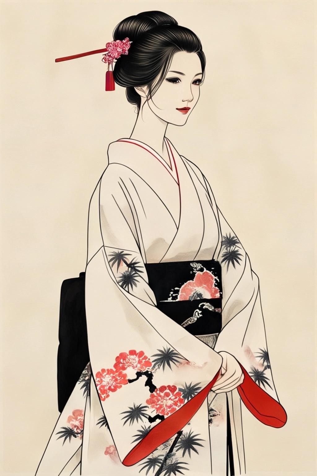 Image with seed 4130871382 generated via Stable Diffusion through @stablehorde@sigmoid.social. Prompt: Lady Mariko wearing her best kimono, Japanese Sumi-e