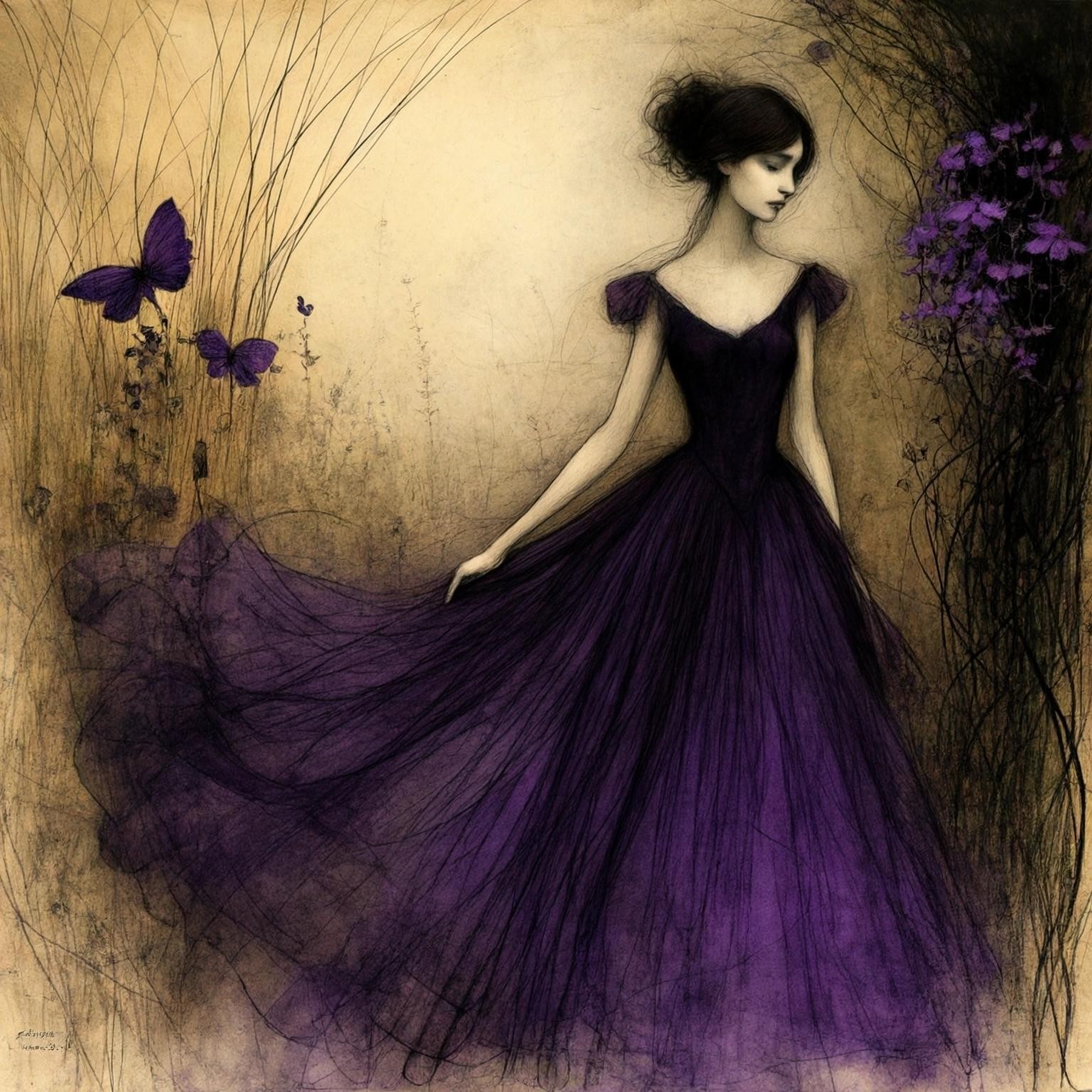 Image with seed 3802565550 generated via Stable Diffusion through @stablehorde@sigmoid.social. Prompt: A dark fairy in a garden wearing a dark purple dress, single image, an abstracted vignette in pencil, pen and colored ink and oil pastels by Gabriel Pacheco, Gaston La Touche, and Bernard Kliban.