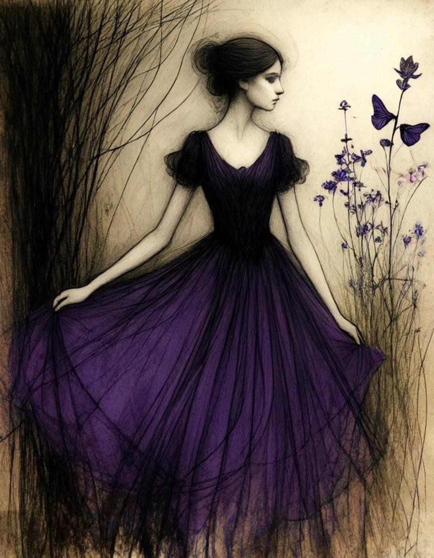 Image with seed 4065507399 generated via Stable Diffusion through @stablehorde@sigmoid.social. Prompt: A dark fairy in a garden wearing a dark purple dress, single image, an abstracted vignette in pencil, pen and colored ink and oil pastels by Gabriel Pacheco, Gaston La Touche, and Bernard Kliban.