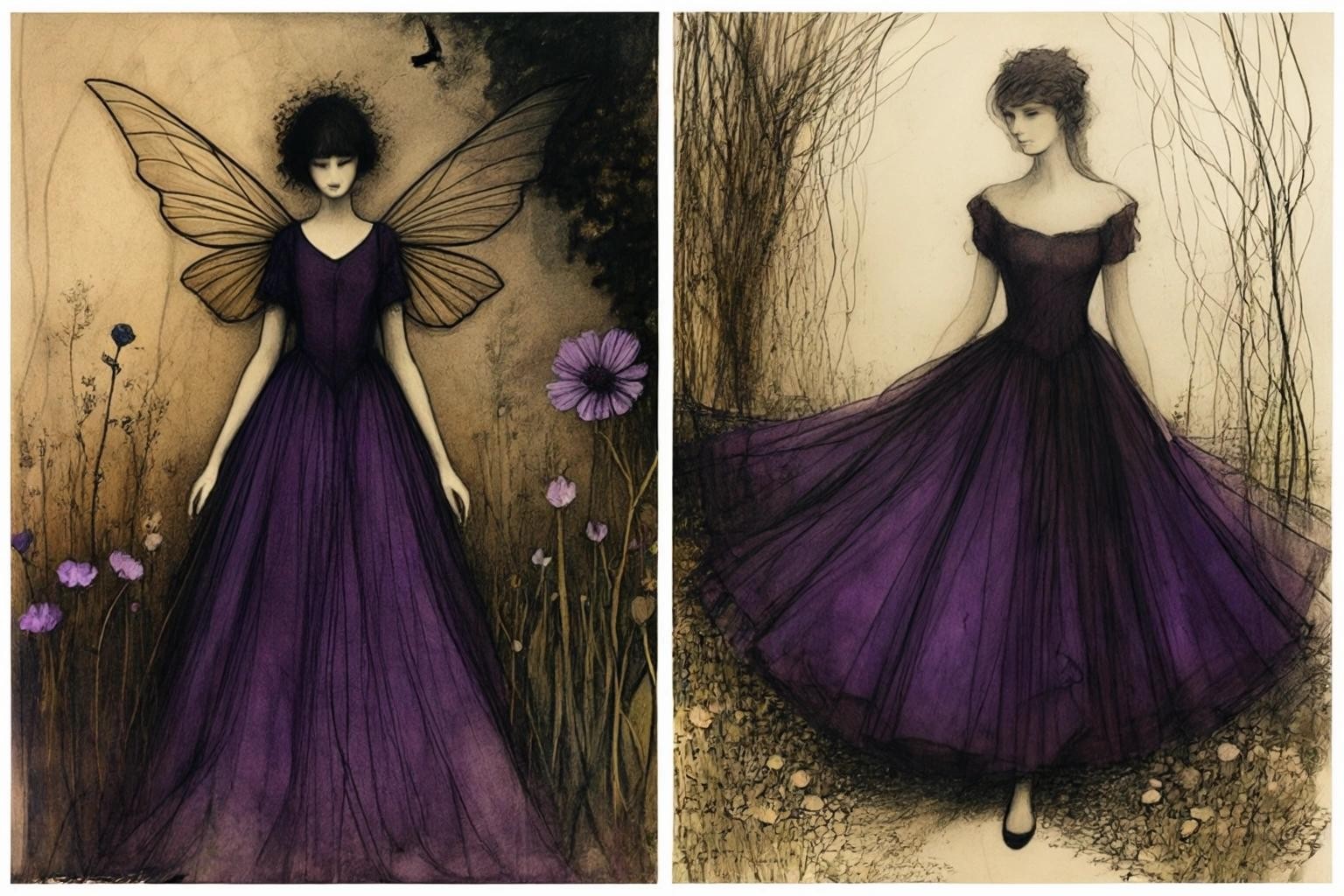 Image with seed 1211142475 generated via Stable Diffusion through @stablehorde@sigmoid.social. Prompt: A dark fairy in a garden wearing a dark purple dress, single image, an abstracted vignette in pencil, pen and colored ink and oil pastels by Gabriel Pacheco, Gaston La Touche, and Bernard Kliban.