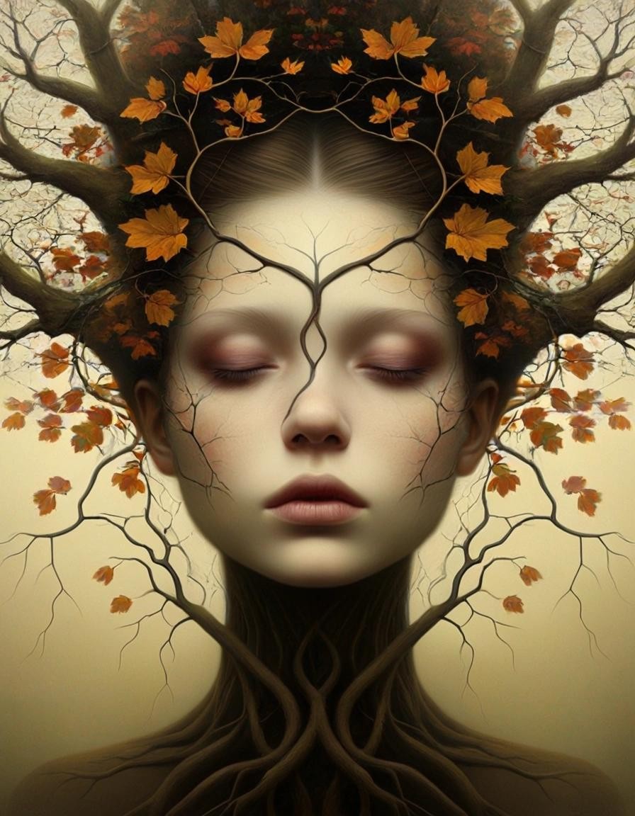 Image with seed 4043034946 generated via Stable Diffusion through @stablehorde@sigmoid.social. Prompt: Dying oak tree, coloured leaves with wildflowers, vines and cobwebs, Naoto Hattori, anna dittmann, tom bagshaw; symmetrical face, fractal, smoke, mist