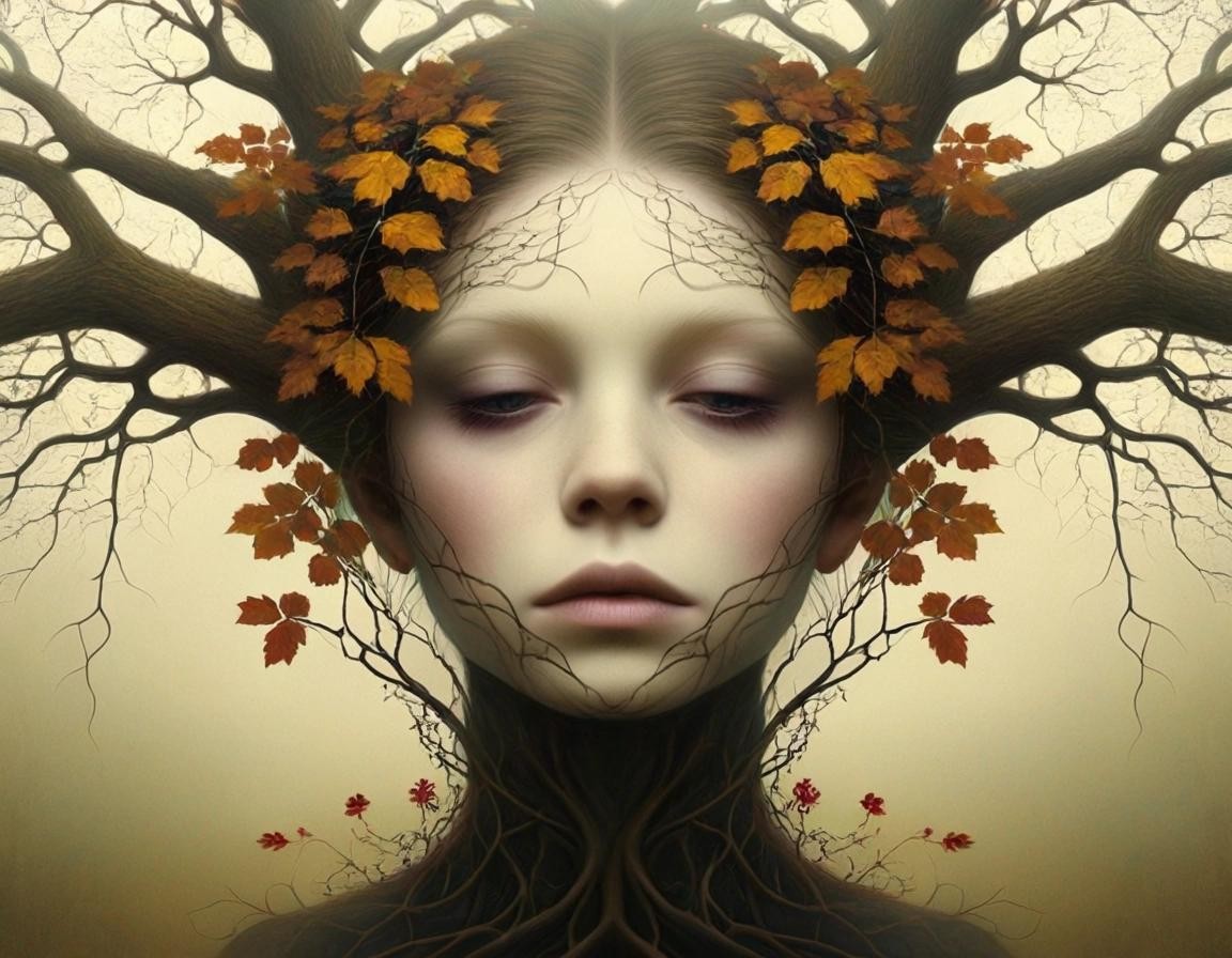 Image with seed 3275809138 generated via Stable Diffusion through @stablehorde@sigmoid.social. Prompt: Dying oak tree, coloured leaves with wildflowers, vines and cobwebs, Naoto Hattori, anna dittmann, tom bagshaw; symmetrical face, fractal, smoke, mist