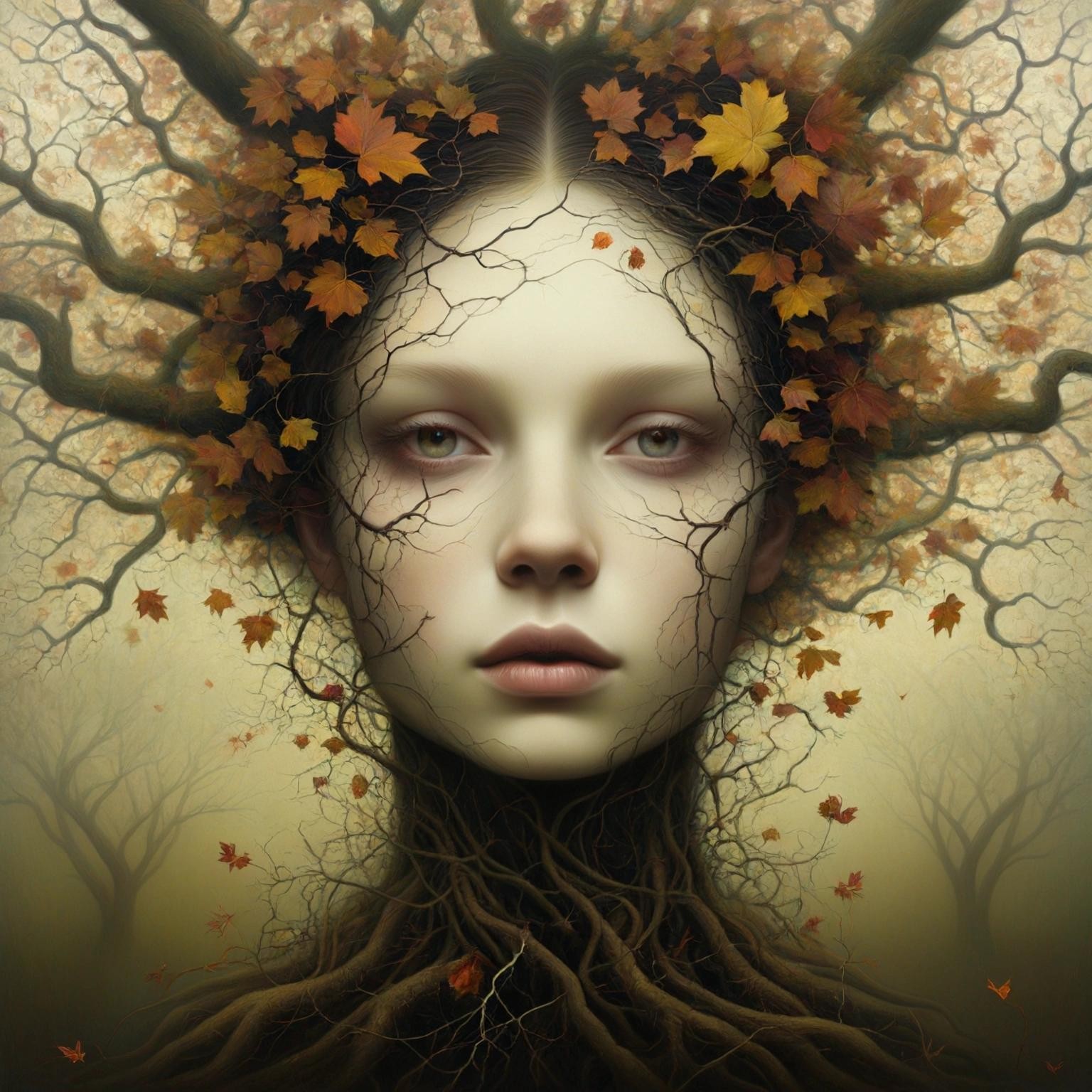 Image with seed 2273739637 generated via Stable Diffusion through @stablehorde@sigmoid.social. Prompt: Dying oak tree, coloured leaves with wildflowers, vines and cobwebs, Naoto Hattori, anna dittmann, tom bagshaw; symmetrical face, fractal, smoke, mist