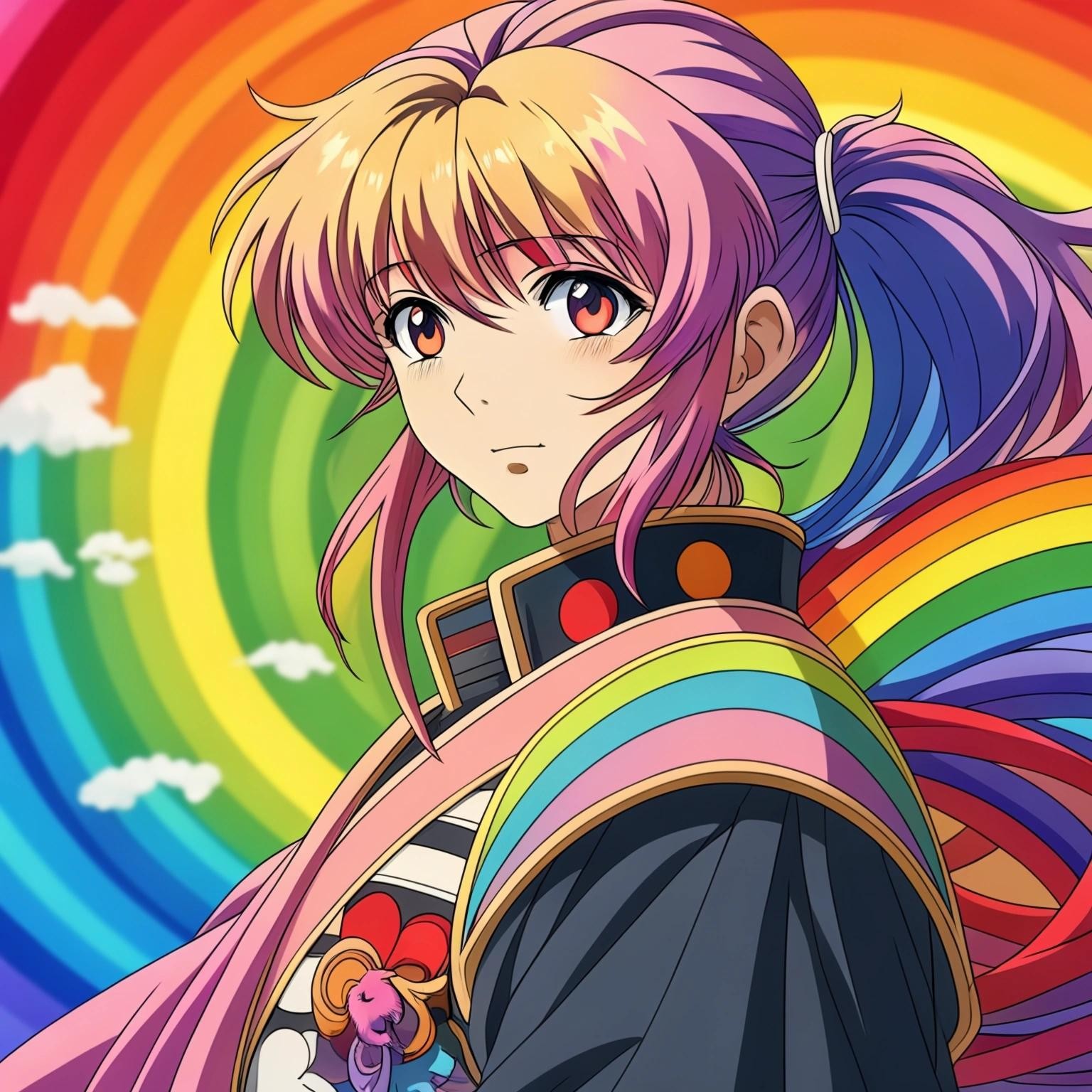 Image with seed 4061755370 generated via Stable Diffusion through @stablehorde@sigmoid.social. Prompt: Rainbow Shogun says: "Always make your heart rainbow." Anime screenshot, full colour