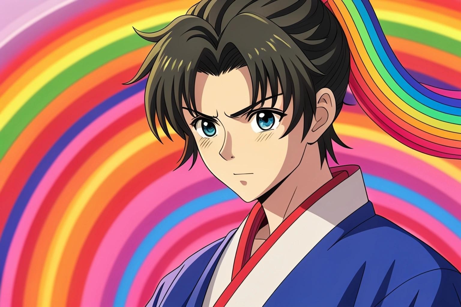 Image with seed 3877036368 generated via Stable Diffusion through @stablehorde@sigmoid.social. Prompt: Rainbow Shogun says: "Always make your heart rainbow." Anime screenshot, full colour