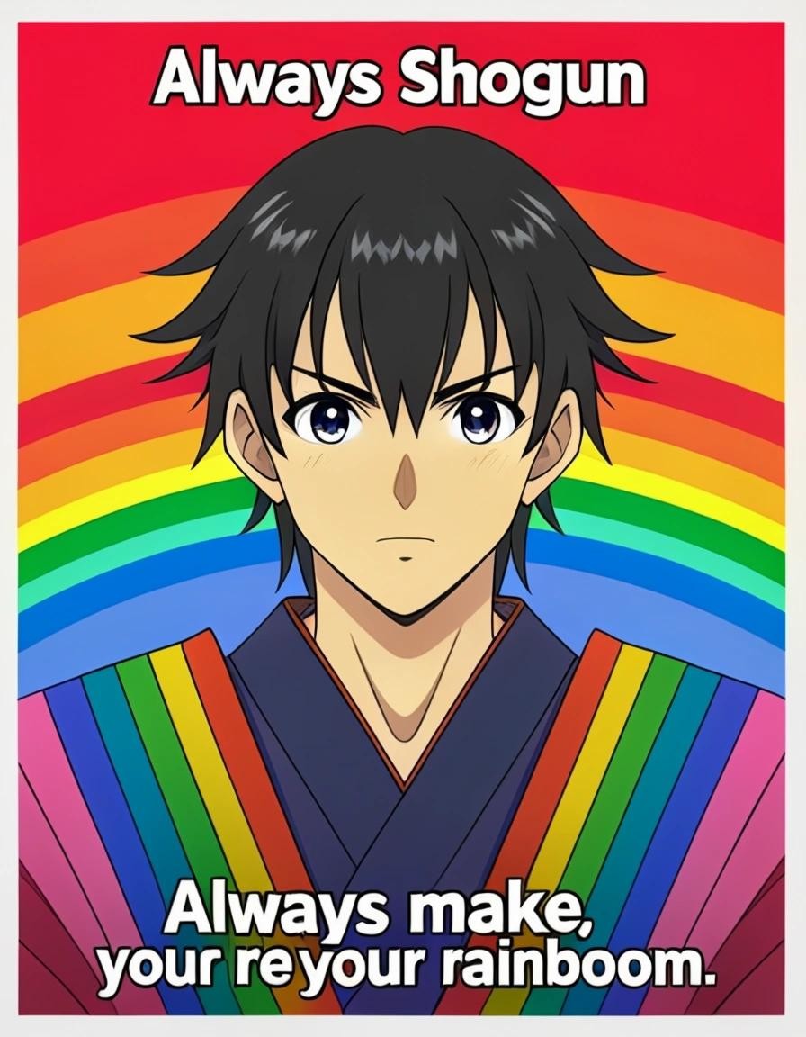 Image with seed 1353751546 generated via Stable Diffusion through @stablehorde@sigmoid.social. Prompt: Rainbow Shogun says: "Always make your heart rainbow." Anime screenshot, full colour
