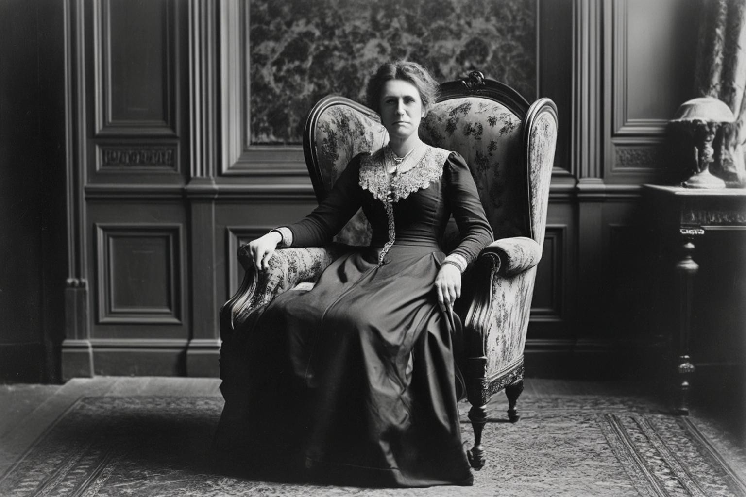 Image with seed 1009951612 generated via Stable Diffusion through @stablehorde@sigmoid.social. Prompt: Lady Meredith Hesketh-Fortescue of North Cobblestone Hall sitting in a Victorian armchair, old black and white photograph
