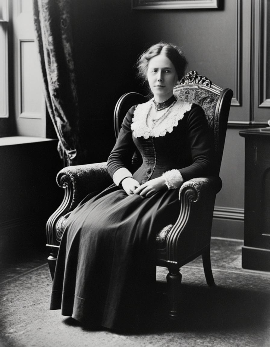 Image with seed 4115477912 generated via Stable Diffusion through @stablehorde@sigmoid.social. Prompt: Lady Meredith Hesketh-Fortescue of North Cobblestone Hall sitting in a Victorian armchair, old black and white photograph