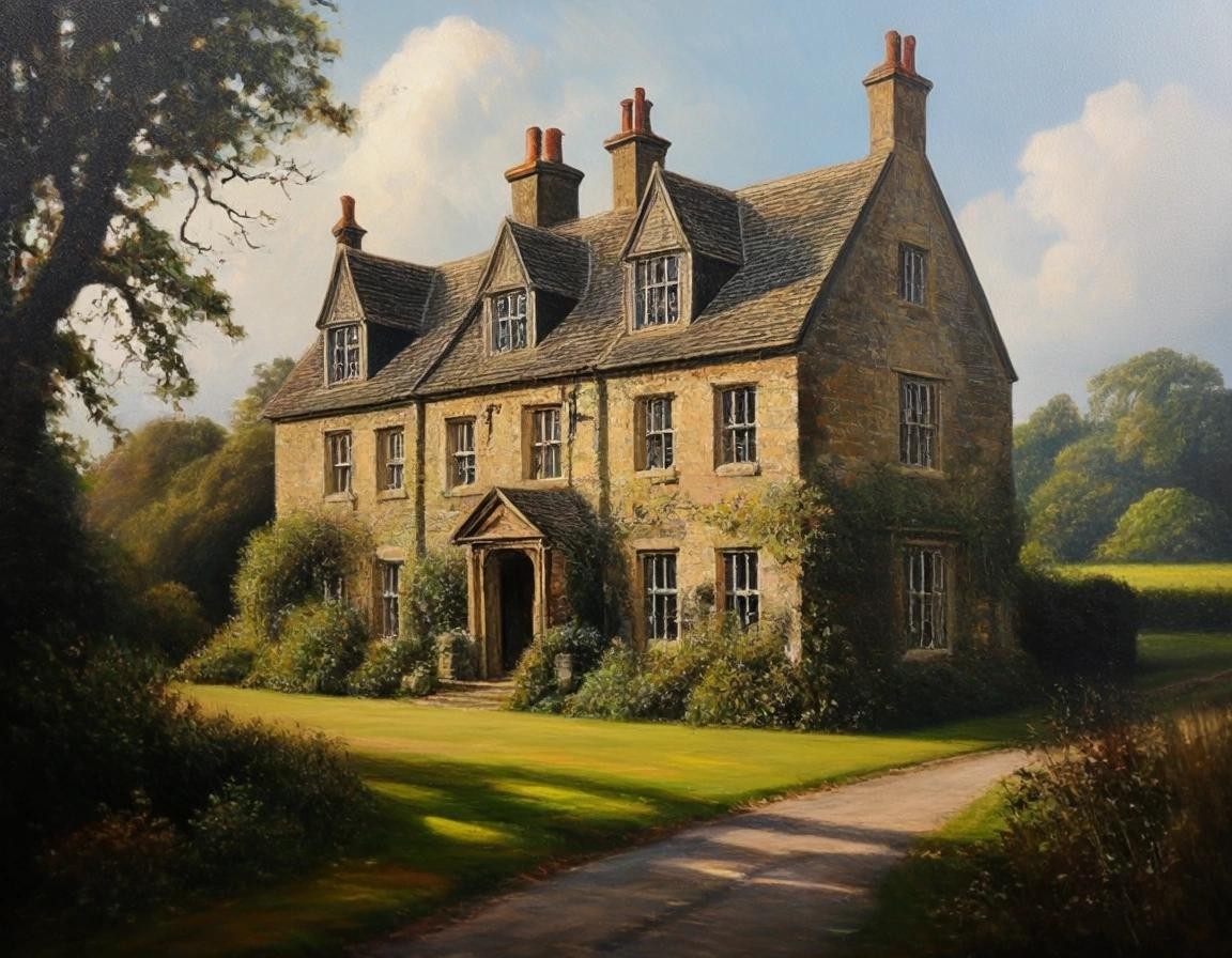 Image with seed 2182469344 generated via Stable Diffusion through @stablehorde@sigmoid.social. Prompt: North Cobblestone Hall, old English country house, oil painting, English Romanticism, kitsch