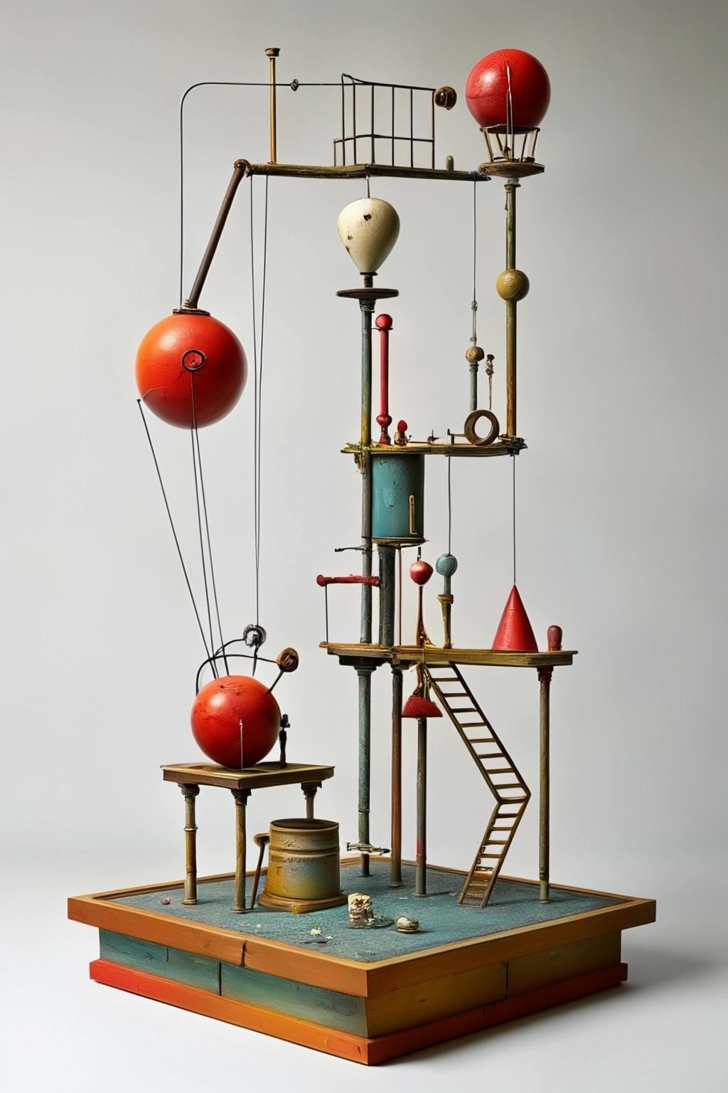Image with seed 766235628 generated via Stable Diffusion through @stablehorde@sigmoid.social. Prompt: The Tipping Points, surrealism, dada, silly, playful, whimsical, strange, Rube Goldberg Machine, weird apparatus, 3d installation
