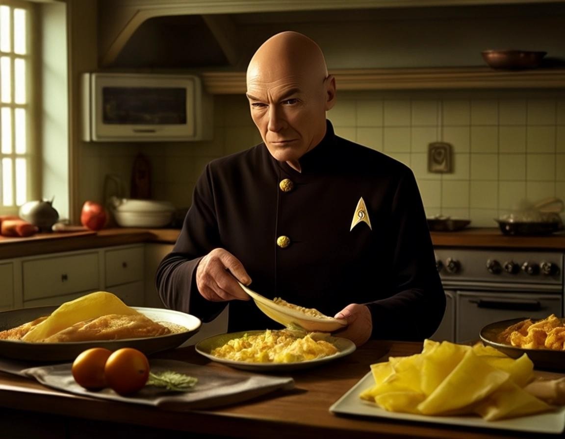 Image with seed 4072986140 generated via Stable Diffusion through @stablehorde@sigmoid.social. Prompt: Captain Jean Luc Picard preparing a traditional British meal of Chips and Fish