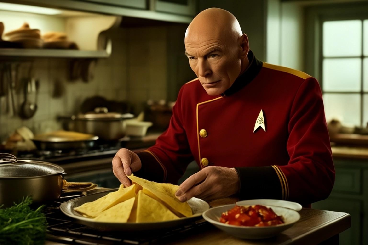 Image with seed 4048098742 generated via Stable Diffusion through @stablehorde@sigmoid.social. Prompt: Captain Jean Luc Picard preparing a traditional British meal of Chips and Fish