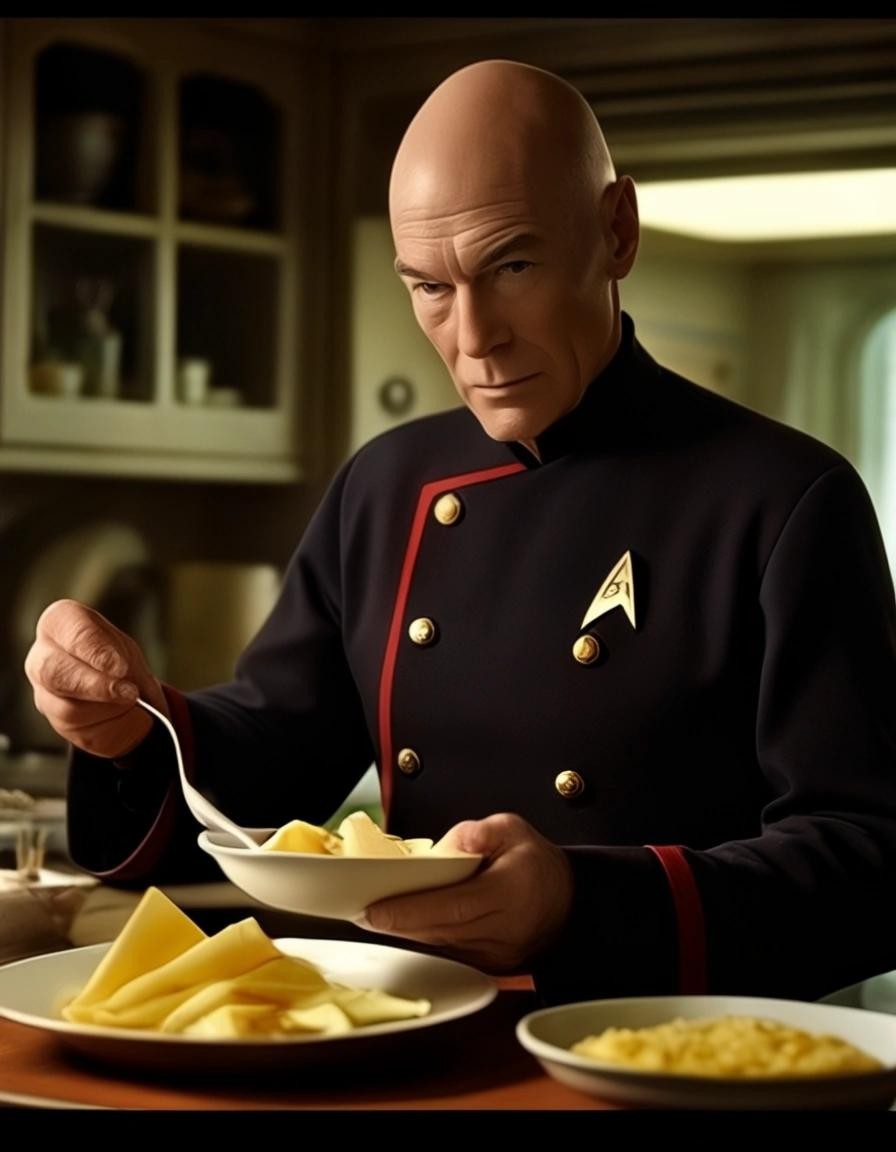 Image with seed 1790015324 generated via Stable Diffusion through @stablehorde@sigmoid.social. Prompt: Captain Jean Luc Picard preparing a traditional British meal of Chips and Fish