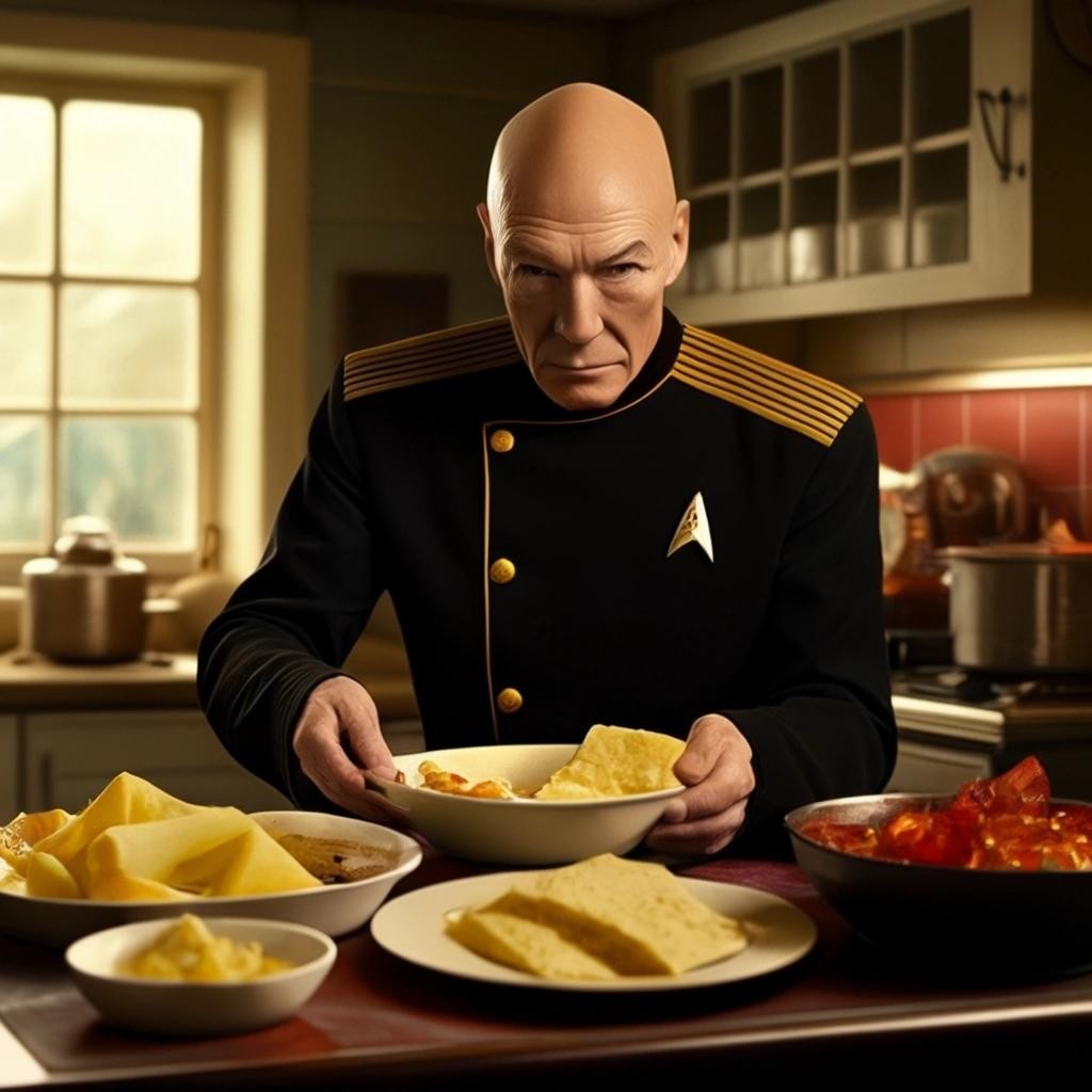 Image with seed 1947229337 generated via Stable Diffusion through @stablehorde@sigmoid.social. Prompt: Captain Jean Luc Picard preparing a traditional British meal of Chips and Fish