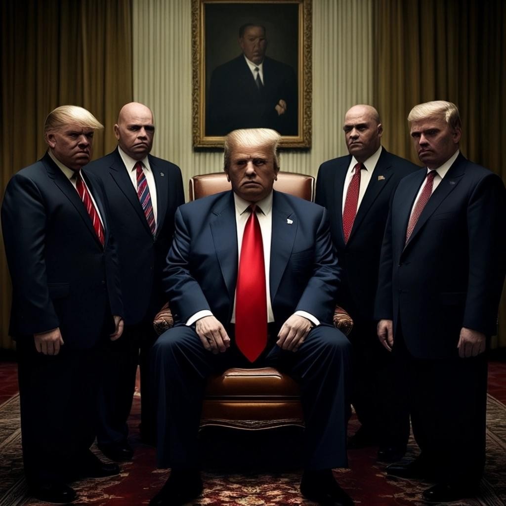 Image with seed 3418140602 generated via Stable Diffusion through @stablehorde@sigmoid.social. Prompt: a picture of Donald Trump as a gangster kingpin meeting with his most trusted advisors, who are of course also gangsters.