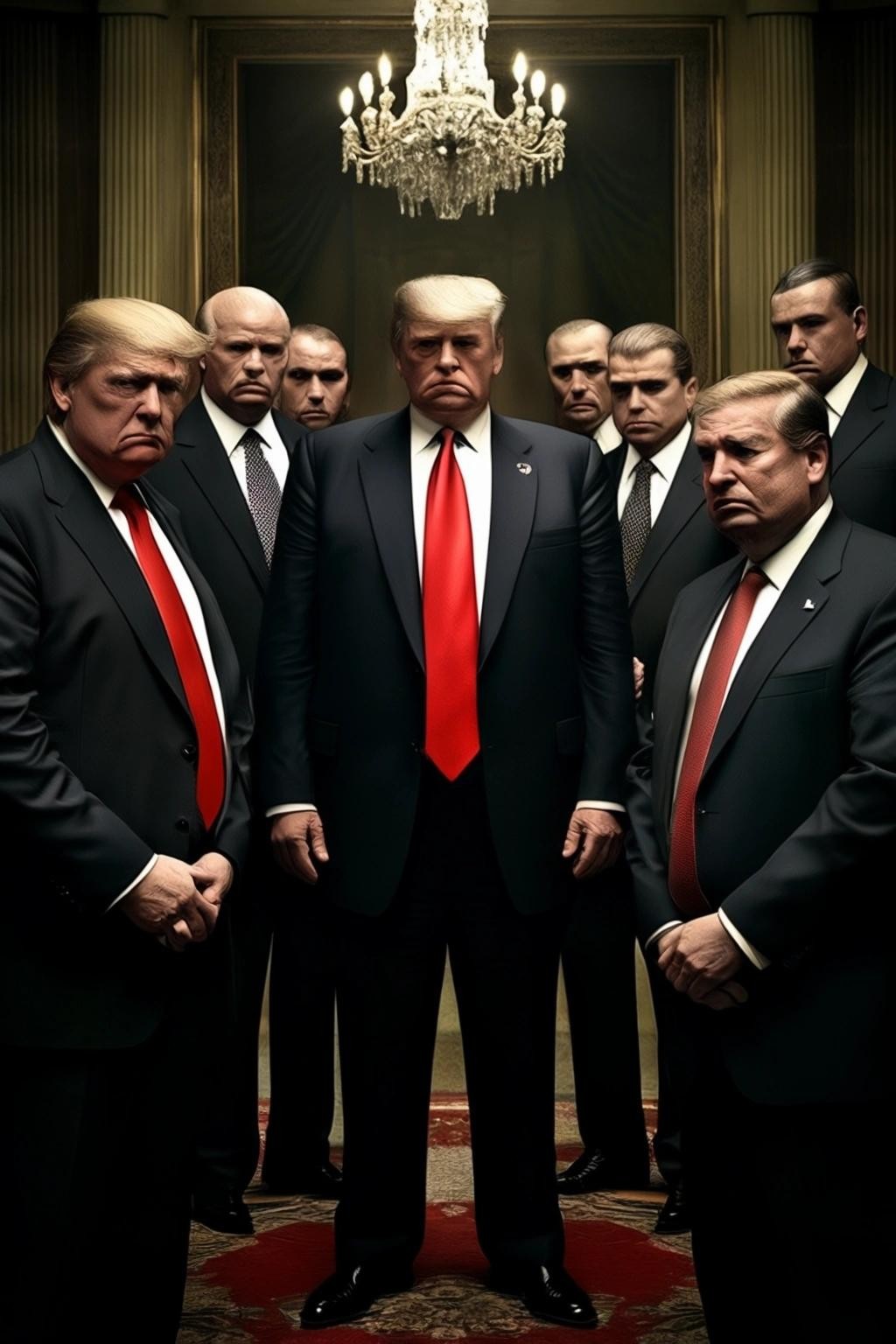Image with seed 2657783214 generated via Stable Diffusion through @stablehorde@sigmoid.social. Prompt: a picture of Donald Trump as a gangster kingpin meeting with his most trusted advisors, who are of course also gangsters.