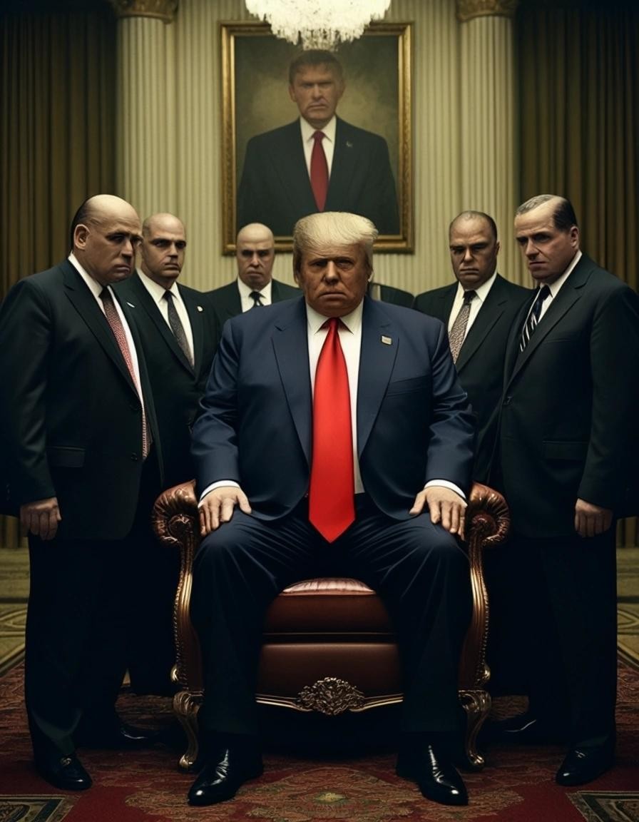 Image with seed 146782195 generated via Stable Diffusion through @stablehorde@sigmoid.social. Prompt: a picture of Donald Trump as a gangster kingpin meeting with his most trusted advisors, who are of course also gangsters.