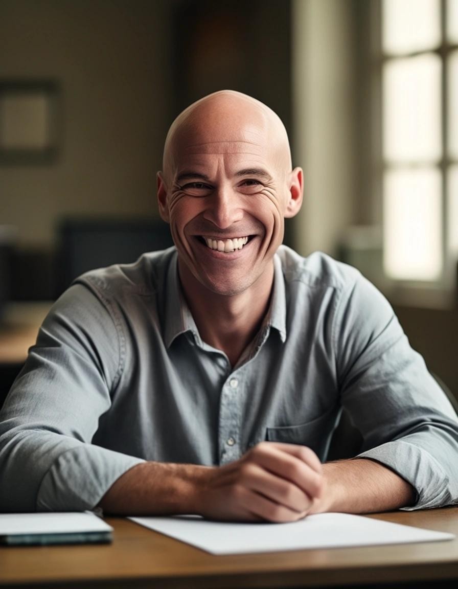 Image with seed 1767192221 generated via Stable Diffusion through @stablehorde@sigmoid.social. Prompt: a picture of a bald middle aged man with an insane smile sitting at a desk