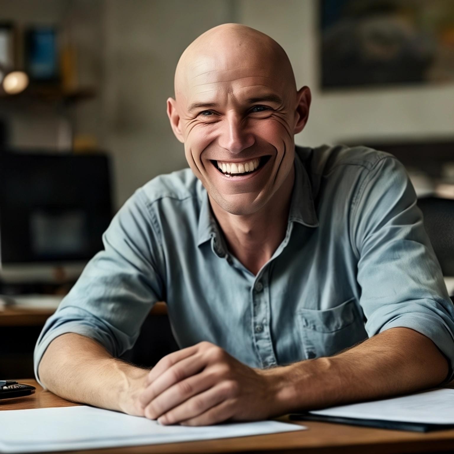 Image with seed 2720967617 generated via Stable Diffusion through @stablehorde@sigmoid.social. Prompt: a picture of a bald middle aged man with an insane smile sitting at a desk