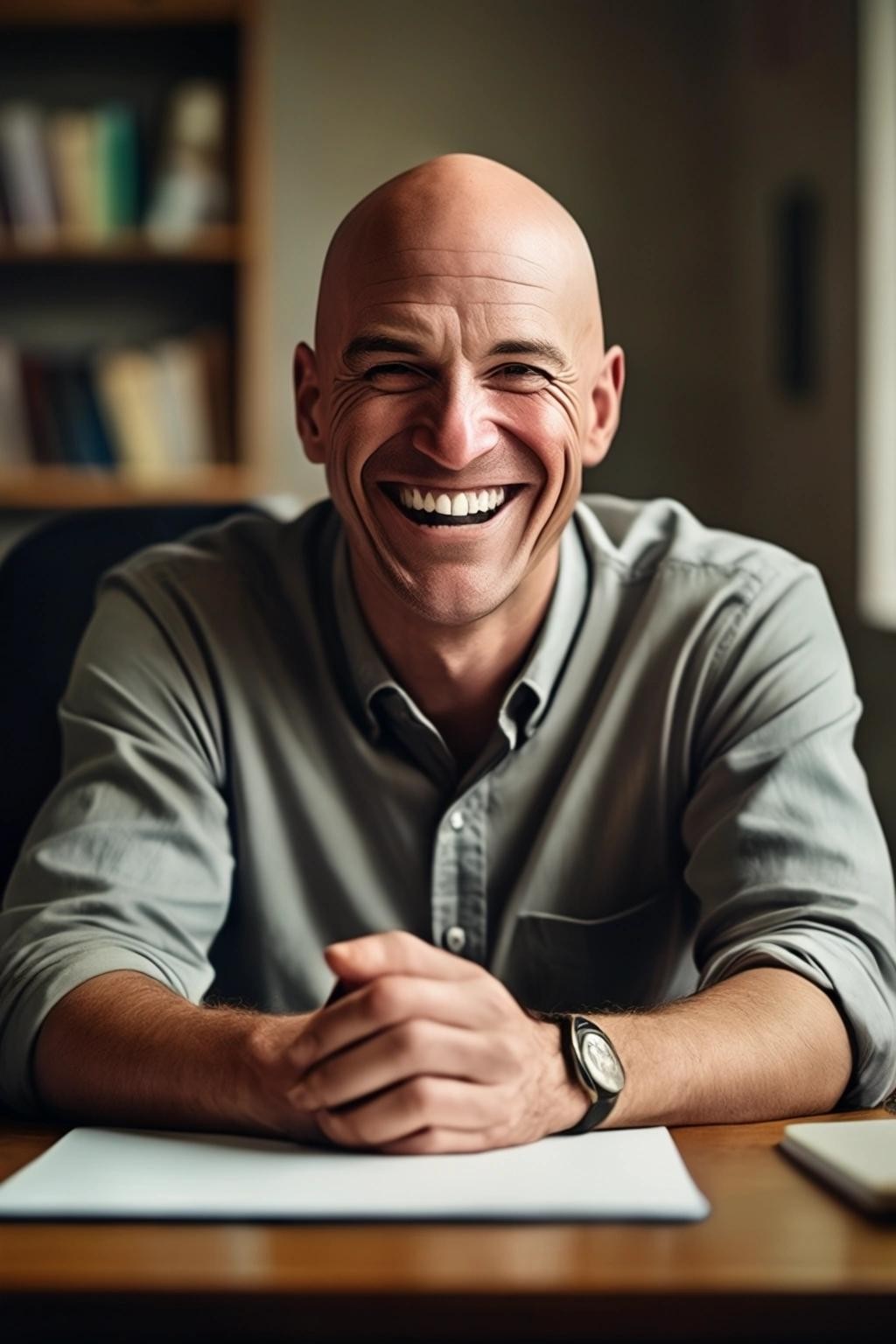 Image with seed 2561663325 generated via Stable Diffusion through @stablehorde@sigmoid.social. Prompt: a picture of a bald middle aged man with an insane smile sitting at a desk