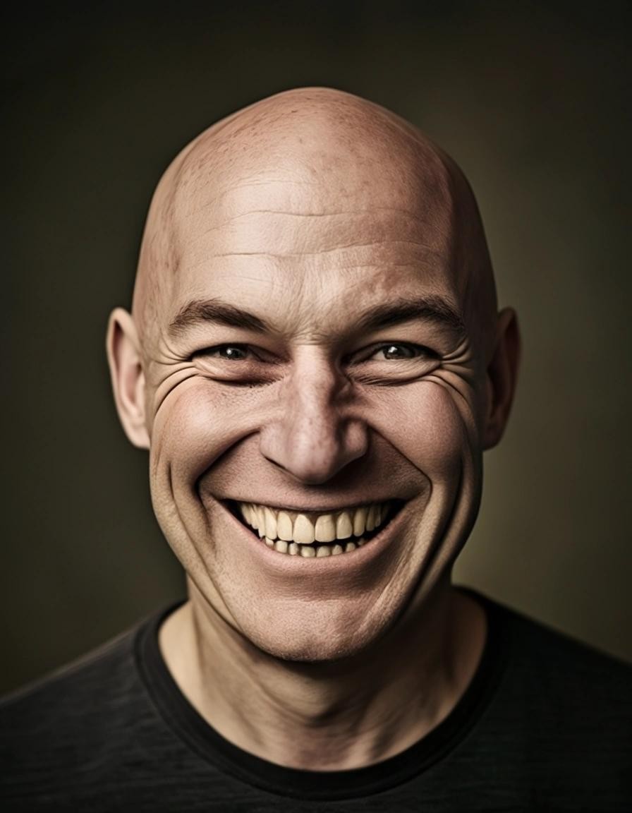 Image with seed 688452683 generated via Stable Diffusion through @stablehorde@sigmoid.social. Prompt: a photograph of a bald middle aged man with a creepy and crazy looking smile on his face