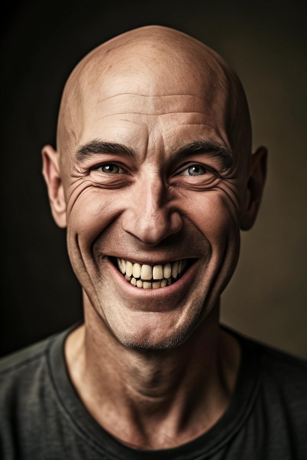 Image with seed 829914783 generated via Stable Diffusion through @stablehorde@sigmoid.social. Prompt: a photograph of a bald middle aged man with a creepy and crazy looking smile on his face