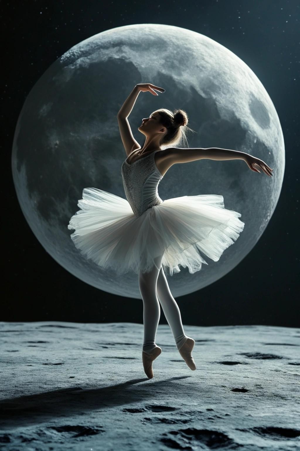 Image with seed 773441023 generated via Stable Diffusion through @stablehorde@sigmoid.social. Prompt: a realistic photograph of a female ballerina dancing on the surface of the moon