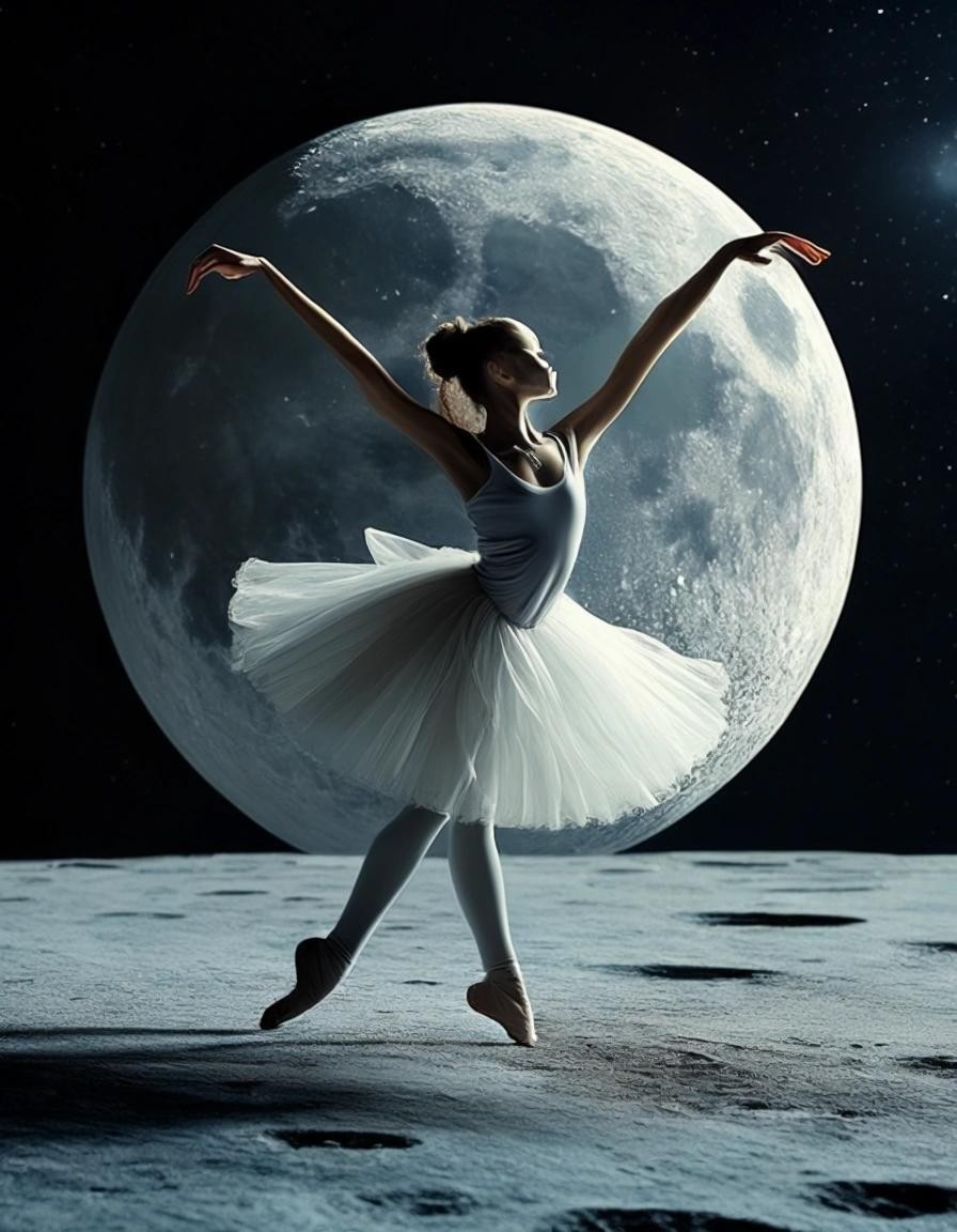 Image with seed 1898566577 generated via Stable Diffusion through @stablehorde@sigmoid.social. Prompt: a realistic photograph of a female ballerina dancing on the surface of the moon