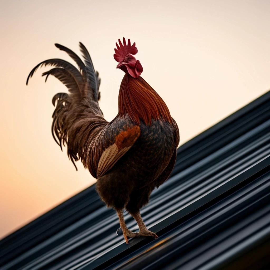 Image with seed 3255578405 generated via Stable Diffusion through @stablehorde@sigmoid.social. Prompt: a picture of a mad cock dancing on a roof