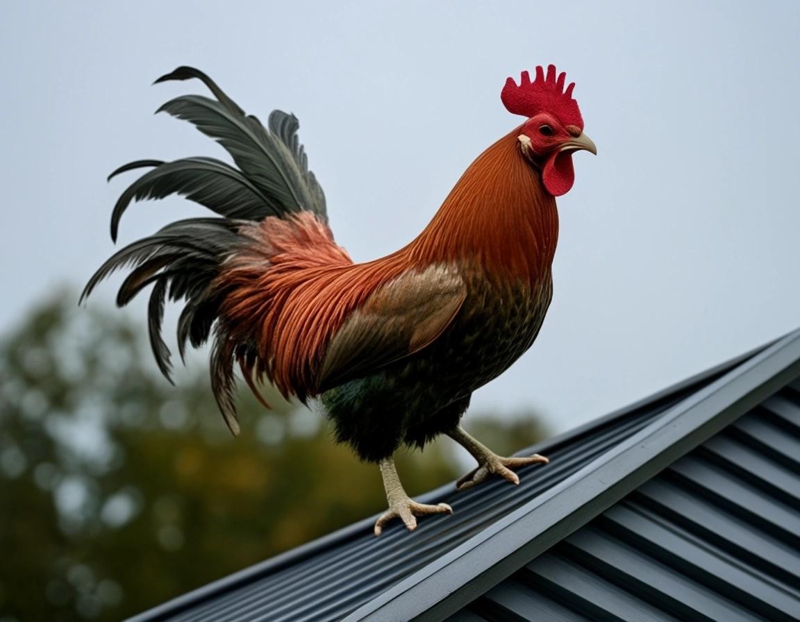 Image with seed 136271308 generated via Stable Diffusion through @stablehorde@sigmoid.social. Prompt: a picture of a mad cock dancing on a roof