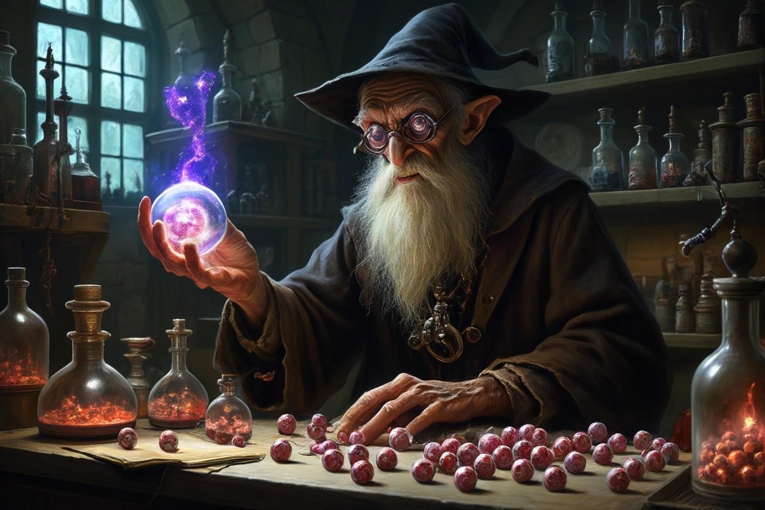 Image with seed 1664306425 generated via Stable Diffusion through @stablehorde@sigmoid.social. Prompt: a half-insane wizard making a homunculus out of eyeballs in his laboratory, fantasy, dungeons and dragons, wizards of the coast