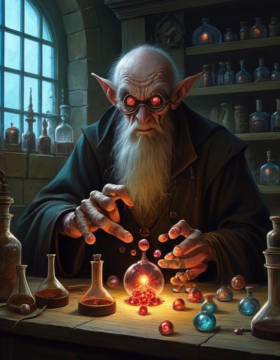 Image with seed 1624068514 generated via Stable Diffusion through @stablehorde@sigmoid.social. Prompt: a half-insane wizard making a homunculus out of eyeballs in his laboratory, fantasy, dungeons and dragons, wizards of the coast