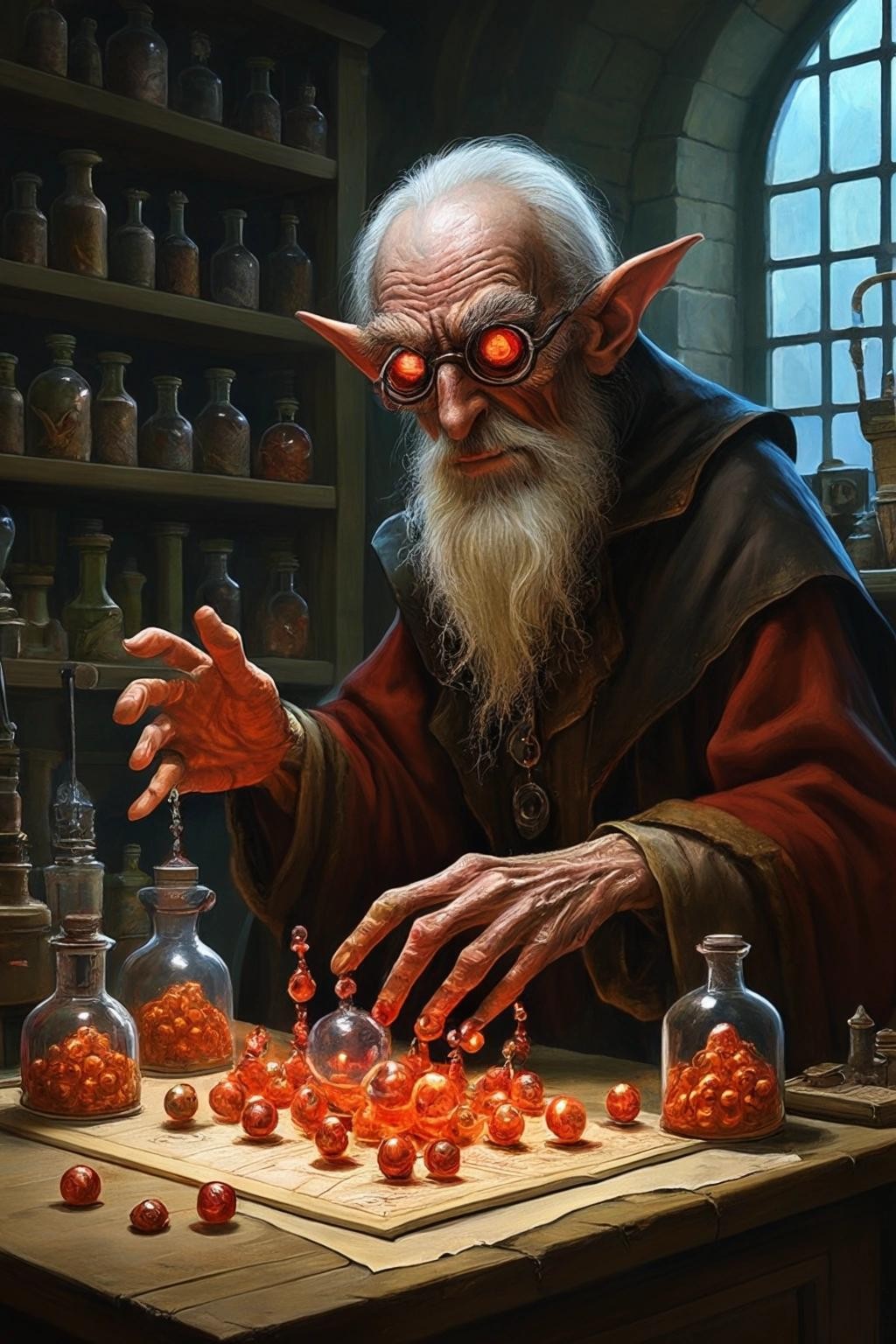 Image with seed 3702628662 generated via Stable Diffusion through @stablehorde@sigmoid.social. Prompt: a half-insane wizard making a homunculus out of eyeballs in his laboratory, fantasy, dungeons and dragons, wizards of the coast