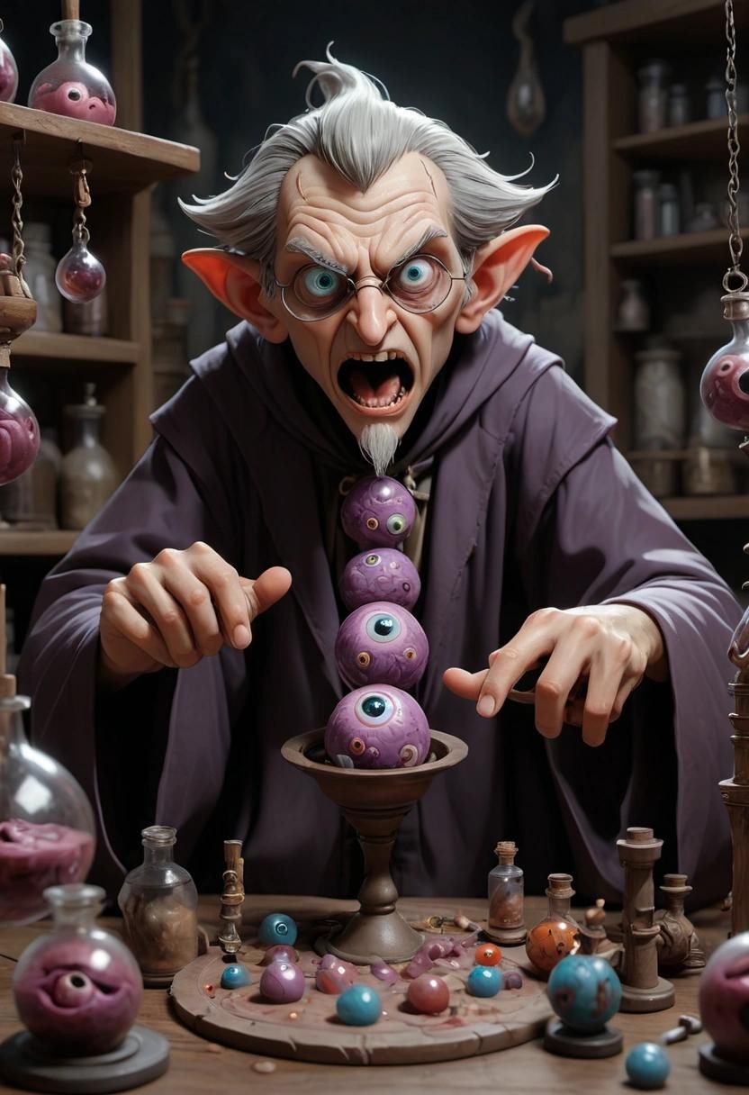 Image with seed 3118420469 generated via Stable Diffusion through @stablehorde@sigmoid.social. Prompt: a half-insane wizard making a homunculus out of eyeballs in his laboratory, fantasy, dungeons and dragons, wizards of the coast 