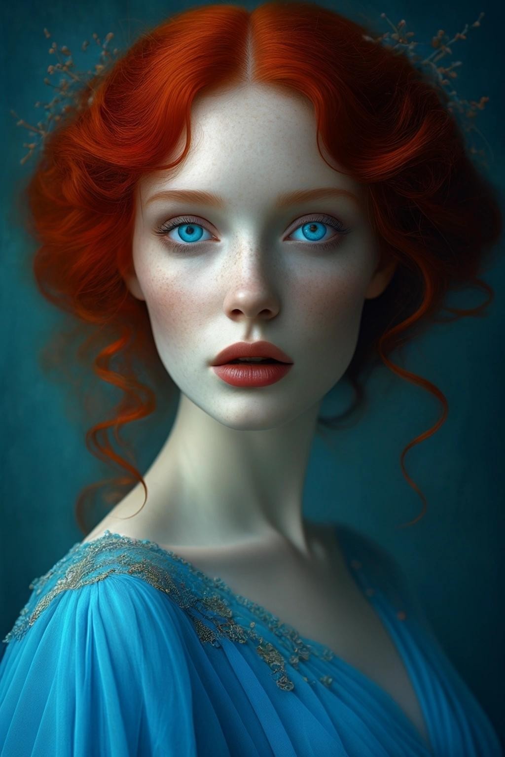 Image with seed 1285672323 generated via Stable Diffusion through @stablehorde@sigmoid.social. Prompt: Full view portrait mystical ethereal red hair goddess wearing a blue dress , big blue eyes, full lips round face,  elegant soft lighting fantasy 4k digital masterpiece by Anna dittman and Ruan Jia and Alberto seveso hemp background Surréalisme Catrin Welz Stein Endre Pevanoc Nioletta Ceccoloi