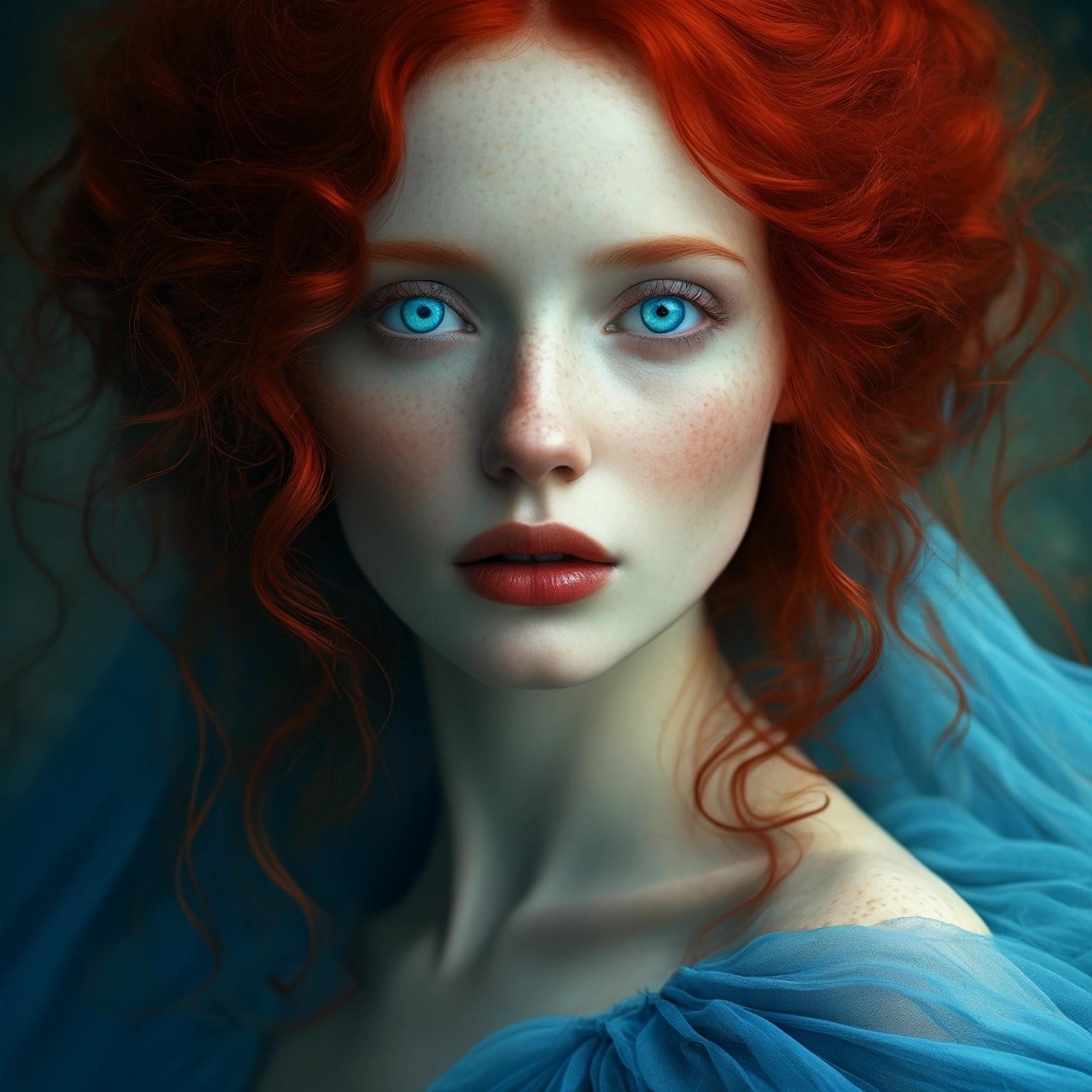 Image with seed 2096404906 generated via Stable Diffusion through @stablehorde@sigmoid.social. Prompt: Full view portrait mystical ethereal red hair goddess wearing a blue dress , big blue eyes, full lips round face,  elegant soft lighting fantasy 4k digital masterpiece by Anna dittman and Ruan Jia and Alberto seveso hemp background Surréalisme Catrin Welz Stein Endre Pevanoc Nioletta Ceccoloi