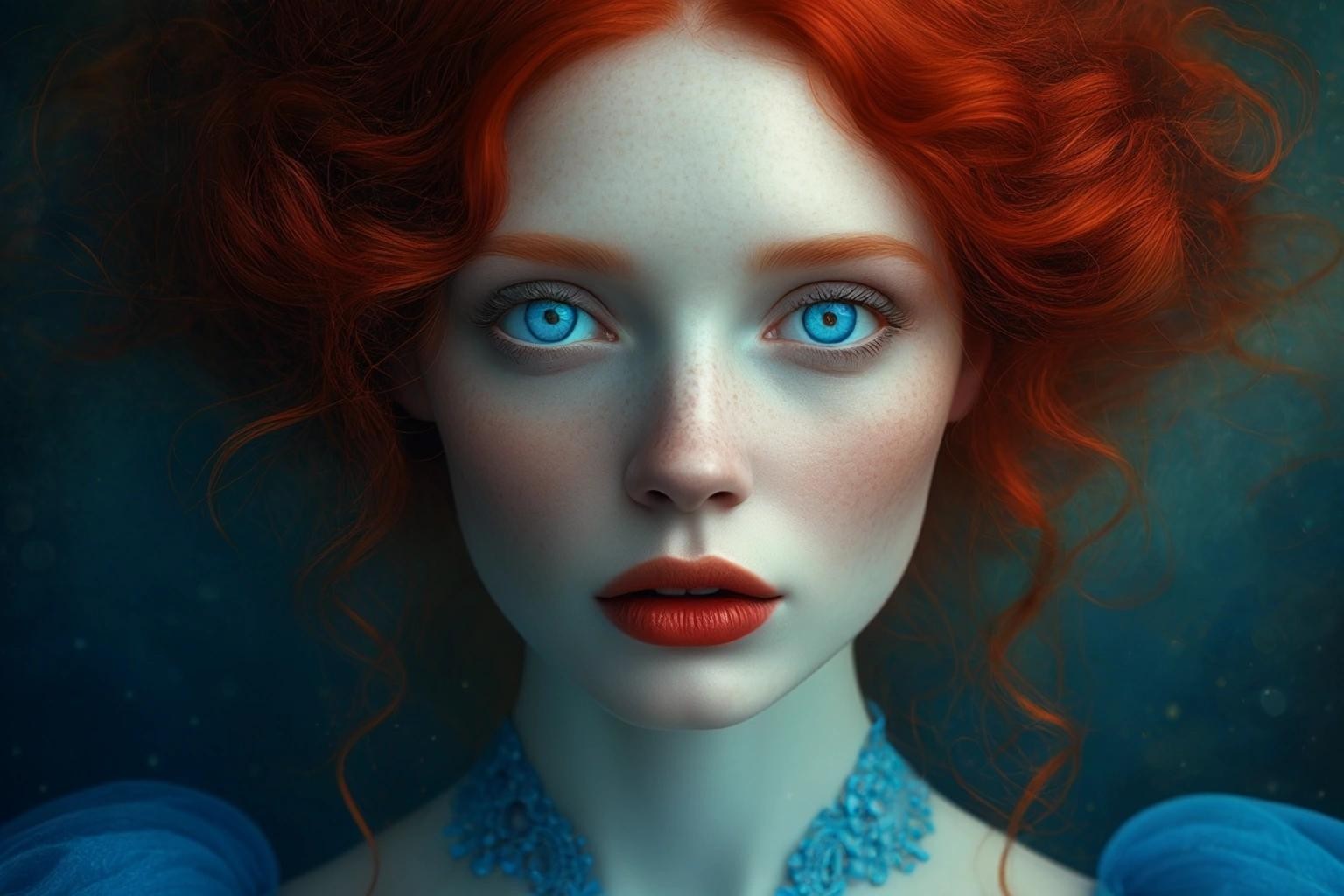 Image with seed 361581667 generated via Stable Diffusion through @stablehorde@sigmoid.social. Prompt: Full view portrait mystical ethereal red hair goddess wearing a blue dress , big blue eyes, full lips round face,  elegant soft lighting fantasy 4k digital masterpiece by Anna dittman and Ruan Jia and Alberto seveso hemp background Surréalisme Catrin Welz Stein Endre Pevanoc Nioletta Ceccoloi