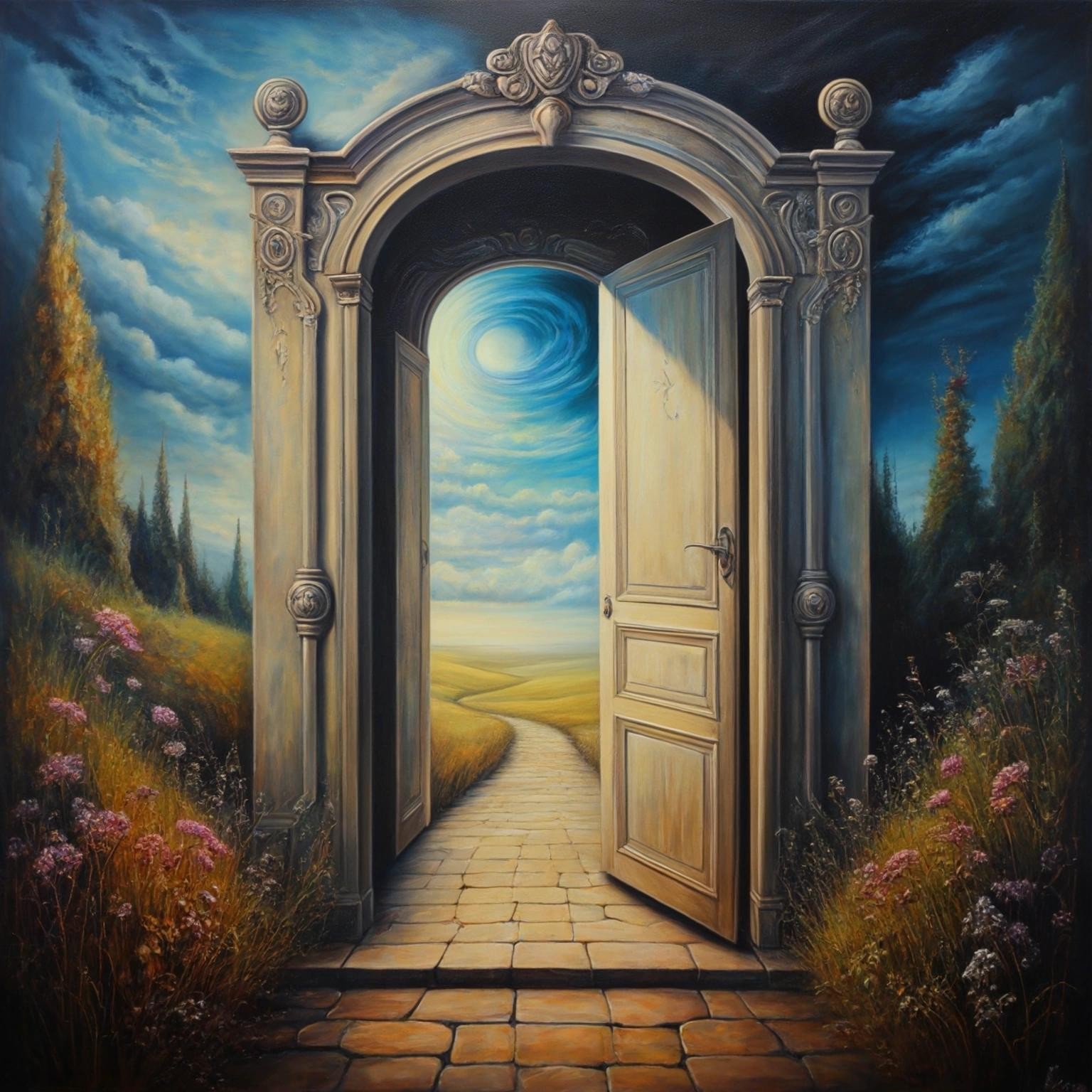 Image with seed 3046353680 generated via Stable Diffusion through @stablehorde@sigmoid.social. Prompt: a door that leads from one dream to another, oil on canvas, fantasy, magical realism, surrealism, beautiful, dreamlike, strange, kitsch