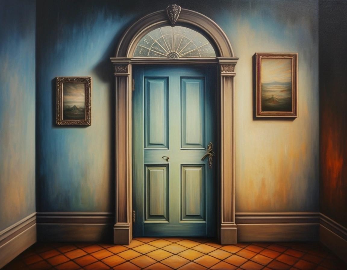 Image with seed 17604121 generated via Stable Diffusion through @stablehorde@sigmoid.social. Prompt: a door that leads from one dream to another, oil on canvas, fantasy, magical realism, surrealism, beautiful, dreamlike, strange, kitsch