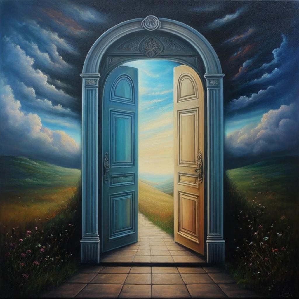 Image with seed 477663991 generated via Stable Diffusion through @stablehorde@sigmoid.social. Prompt: a door that leads from one dream to another, oil on canvas, fantasy, magical realism, surrealism, beautiful, dreamlike, strange, kitsch