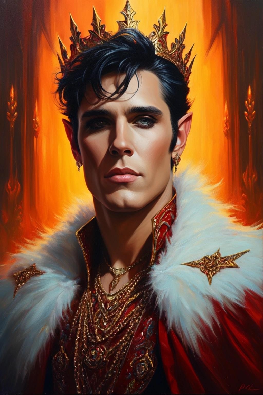 Image with seed 355303060 generated via Stable Diffusion through @stablehorde@sigmoid.social. Prompt: Elf King Elvis Presley,  elegant, oil on canvas, beautiful, high detail, colourful, Andreas Rocha, Alphonse Mucha