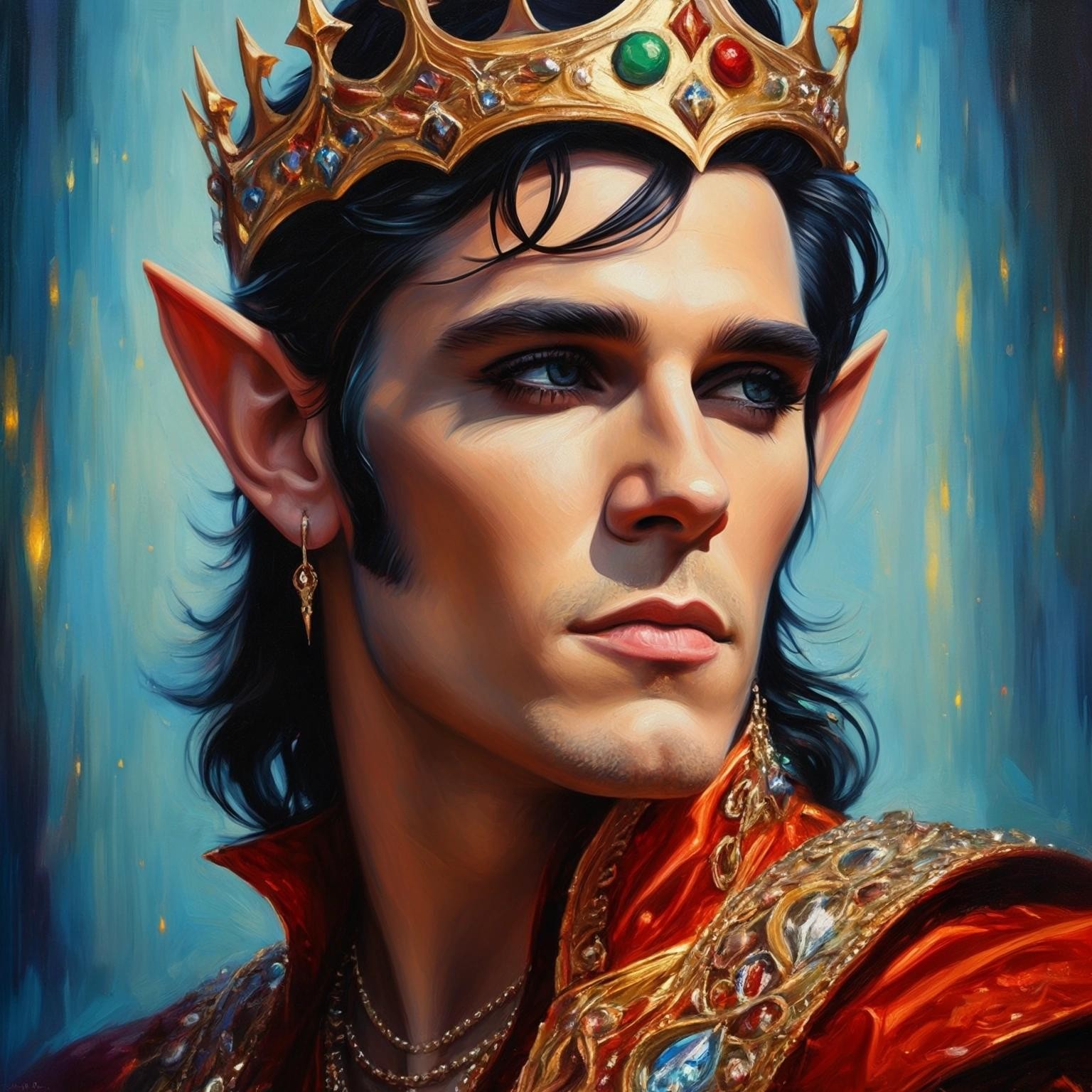 Image with seed 1037475599 generated via Stable Diffusion through @stablehorde@sigmoid.social. Prompt: Elf King Elvis Presley,  elegant, oil on canvas, beautiful, high detail, colourful, Andreas Rocha, Alphonse Mucha
