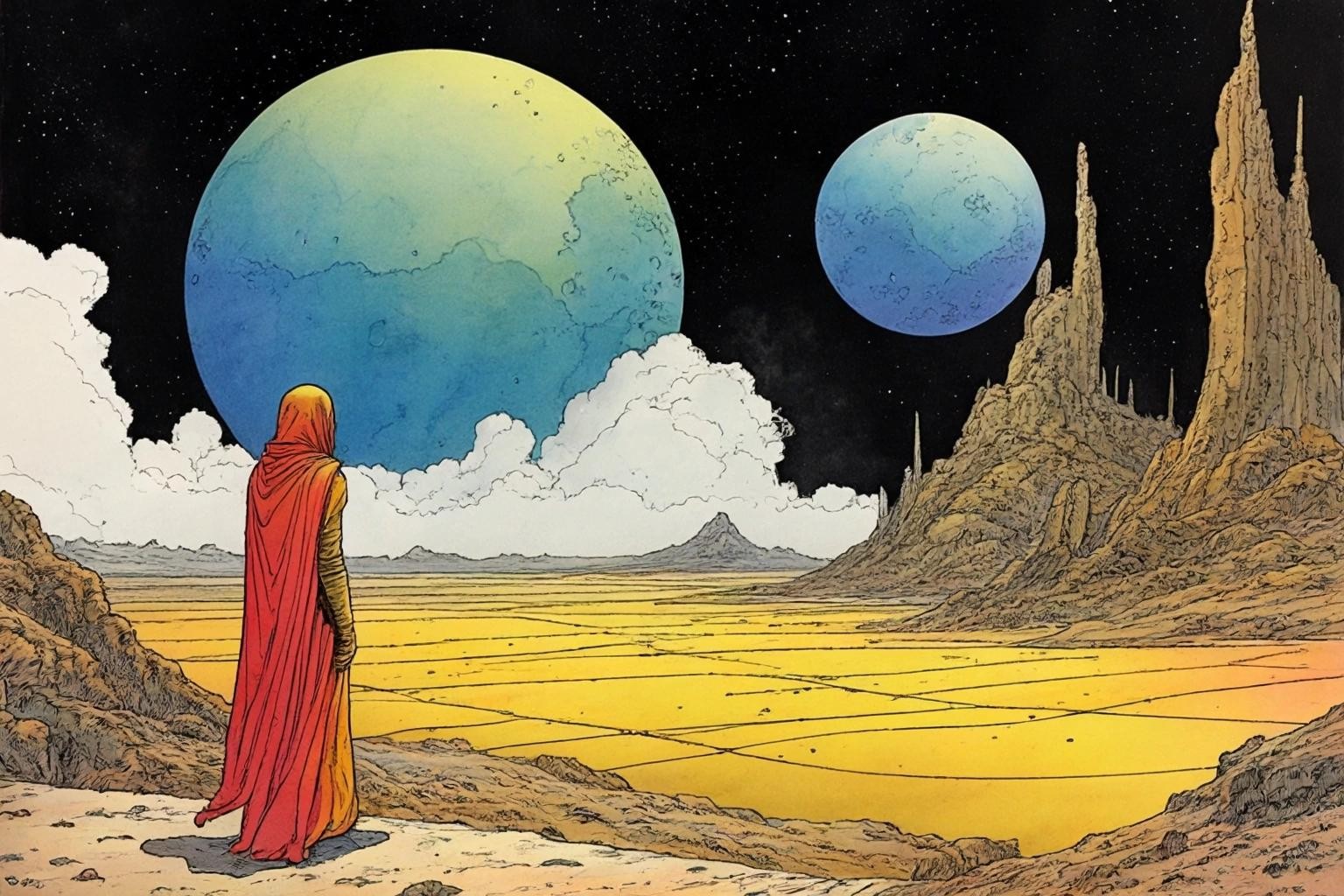 Image with seed 622596801 generated via Stable Diffusion through @stablehorde@sigmoid.social. Prompt: 35th Century Love Story, comic book by Moebius, watercolour on black ink drawing, science fiction, space opera, fantasy, surrealism, bittersweet, magical