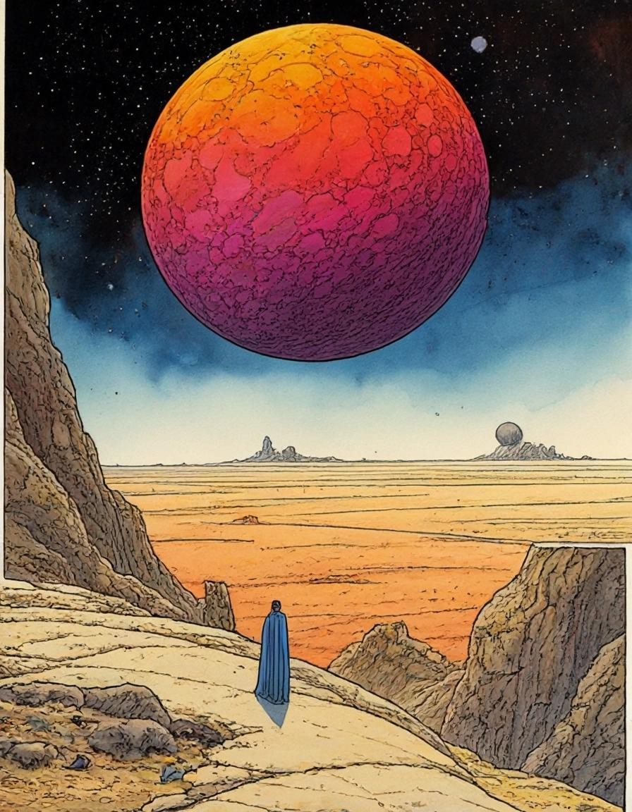 Image with seed 1082246446 generated via Stable Diffusion through @stablehorde@sigmoid.social. Prompt: 35th Century Love Story, comic book by Moebius, watercolour on black ink drawing, science fiction, space opera, fantasy, surrealism, bittersweet, magical