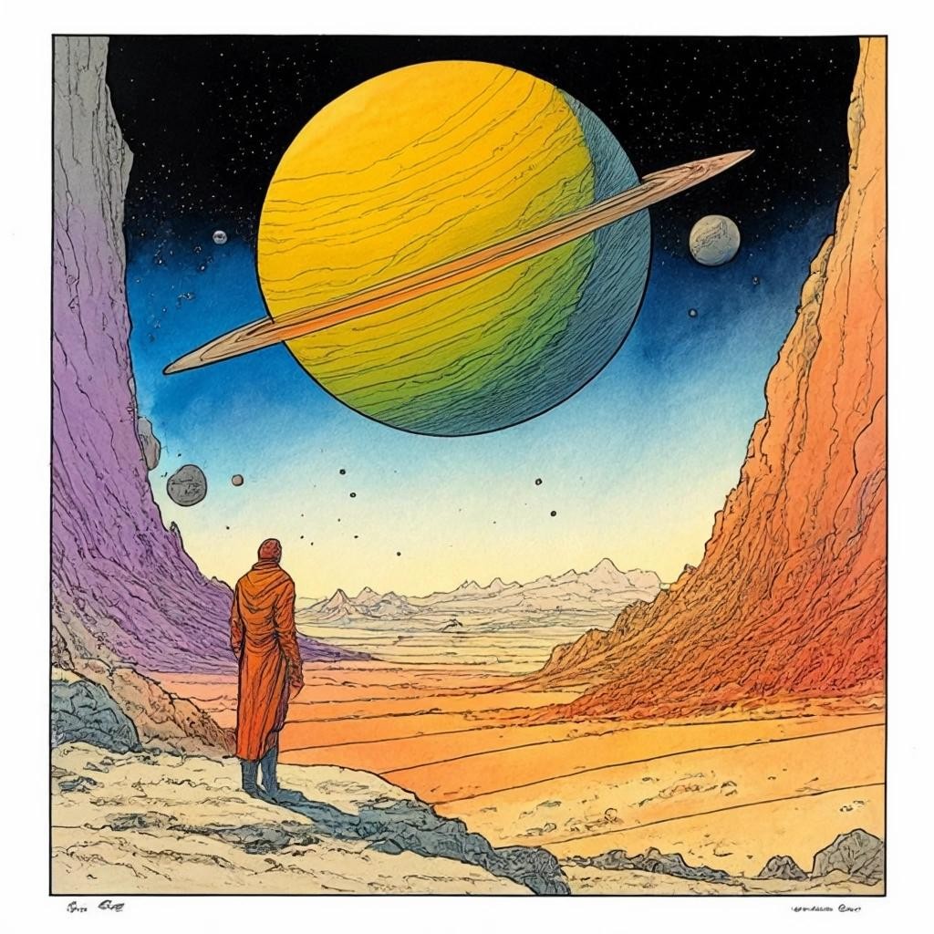 Image with seed 3903749513 generated via Stable Diffusion through @stablehorde@sigmoid.social. Prompt: 35th Century Love Story, comic book by Moebius, watercolour on black ink drawing, science fiction, space opera, fantasy, surrealism, bittersweet, magical