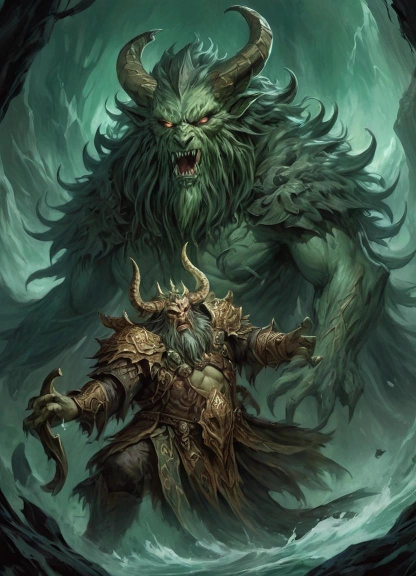 Image with seed 3575176847 generated via Stable Diffusion through @stablehorde@sigmoid.social. Prompt: A mtg magic the gathering card, painting of fantasy creature. description, a Norse god that is part wolf and part Cthulhu , mtg magic the gathering style###, lowres, cropped, cgi, pixelated, photorealistic, 3d render