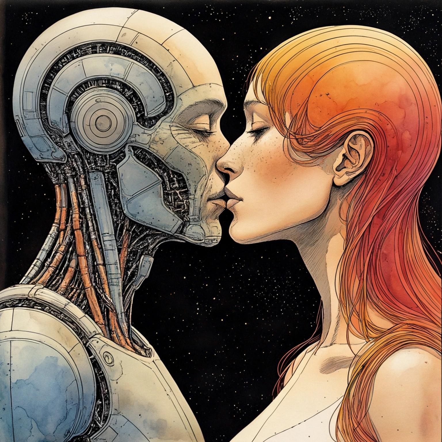 Image with seed 2079691966 generated via Stable Diffusion through @stablehorde@sigmoid.social. Prompt: 35th Century Love Story, two beautiful cyborg androids kissing, comic book by Moebius, watercolour on black ink drawing, science fiction, space opera, fantasy, surrealism, magical