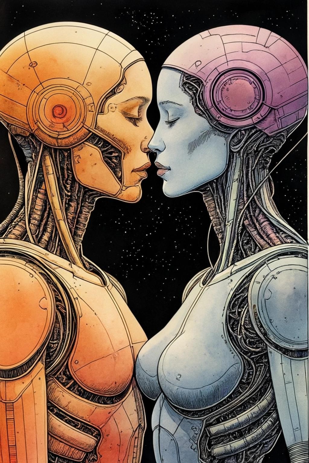 Image with seed 4036254137 generated via Stable Diffusion through @stablehorde@sigmoid.social. Prompt: 35th Century Love Story, two beautiful cyborg androids kissing, comic book by Moebius, watercolour on black ink drawing, science fiction, space opera, fantasy, surrealism, magical
